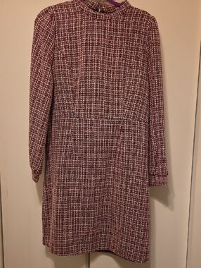 Long Sleeve Burgundy Plaid Shift Dress with High Neck
